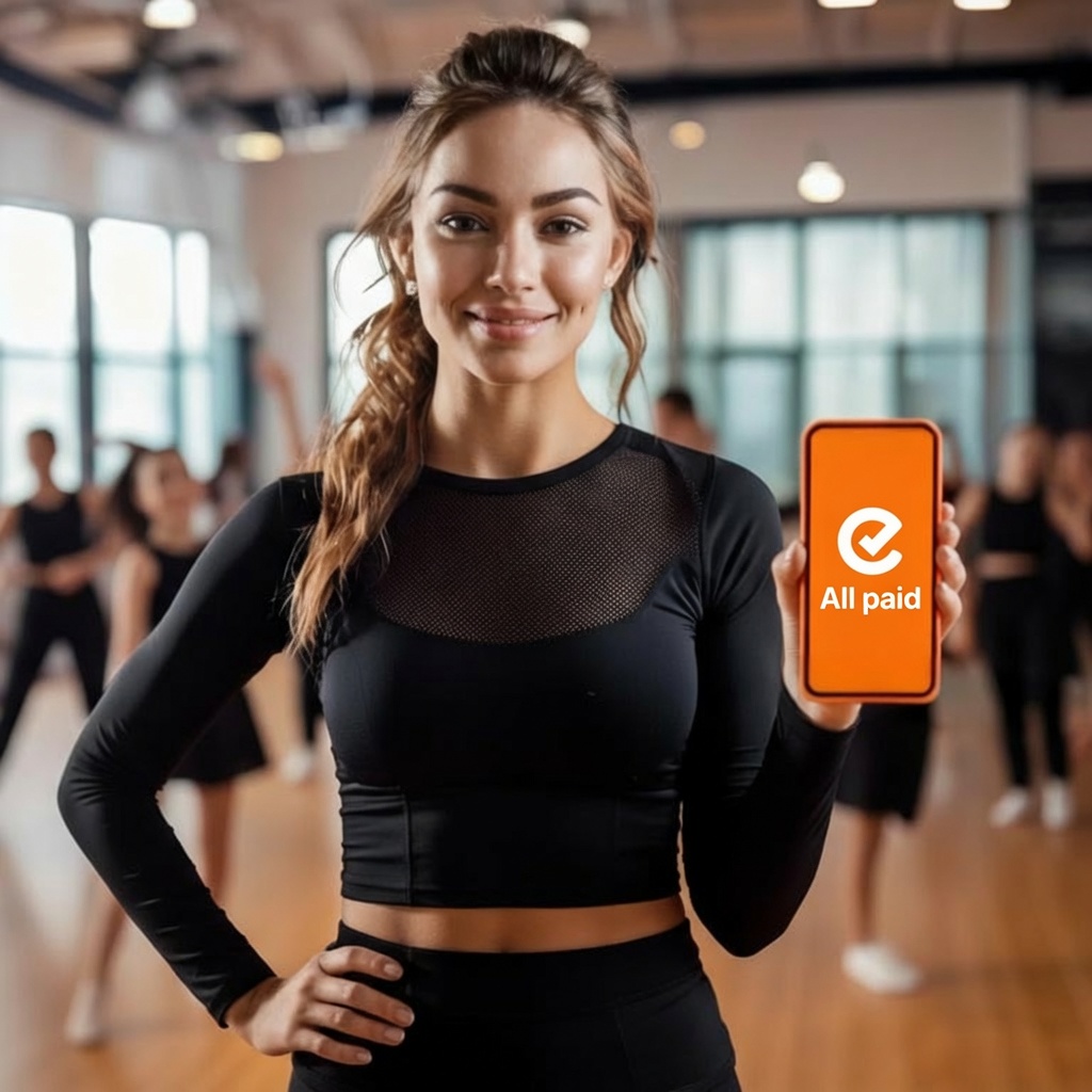 Smiling dance teacher holding a smartphone with the Enrolio app