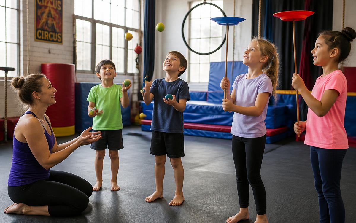 Children learning to juggle and spin plates in a circus school class