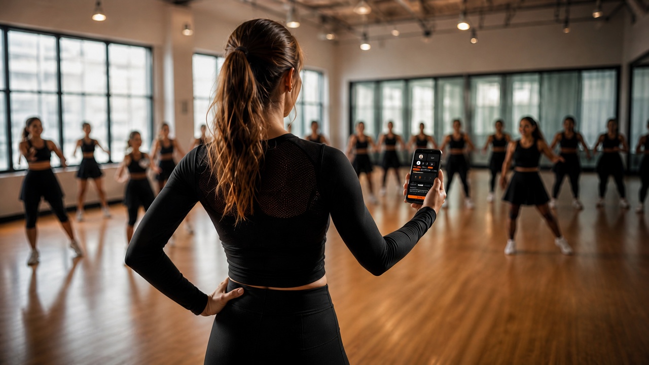 Dance coach leading a class in a bright studio