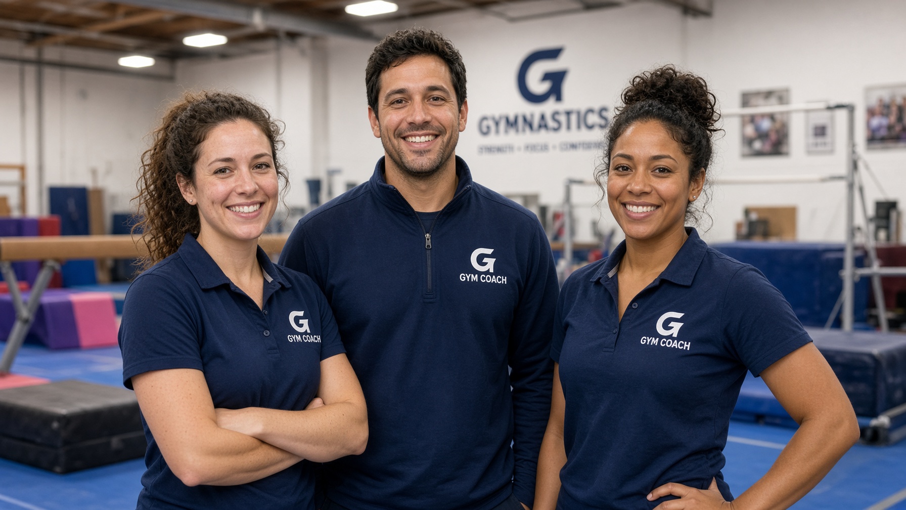 Three gymnastics coaches standing together in a club gym