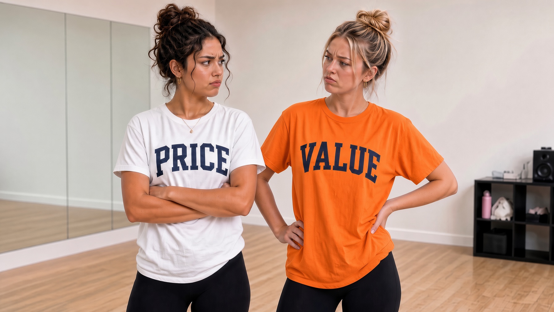 Two performers facing off in t-shirts reading PRICE and VALUE