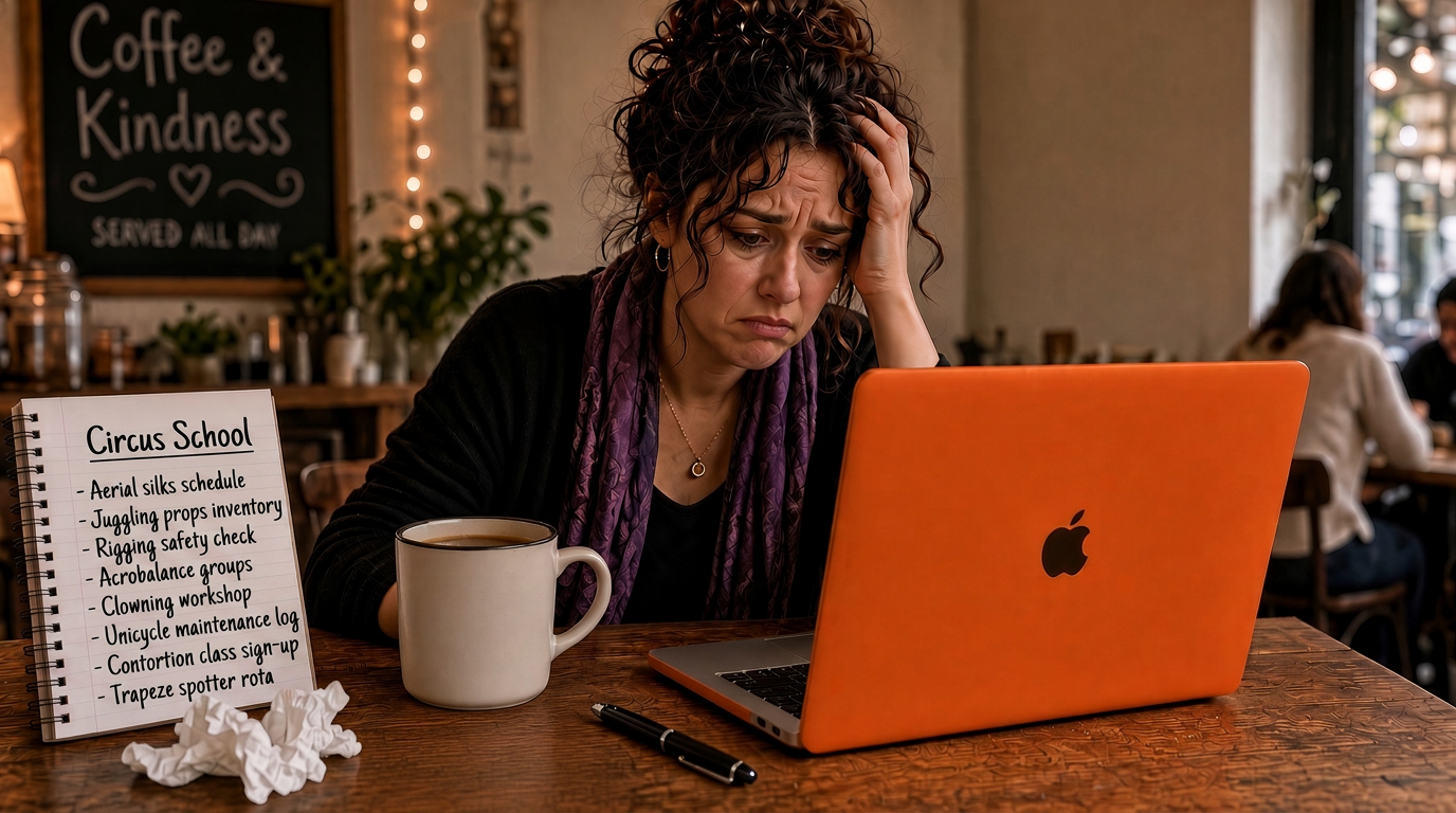 A circus school owner planning at a cafe table with a laptop and notepad