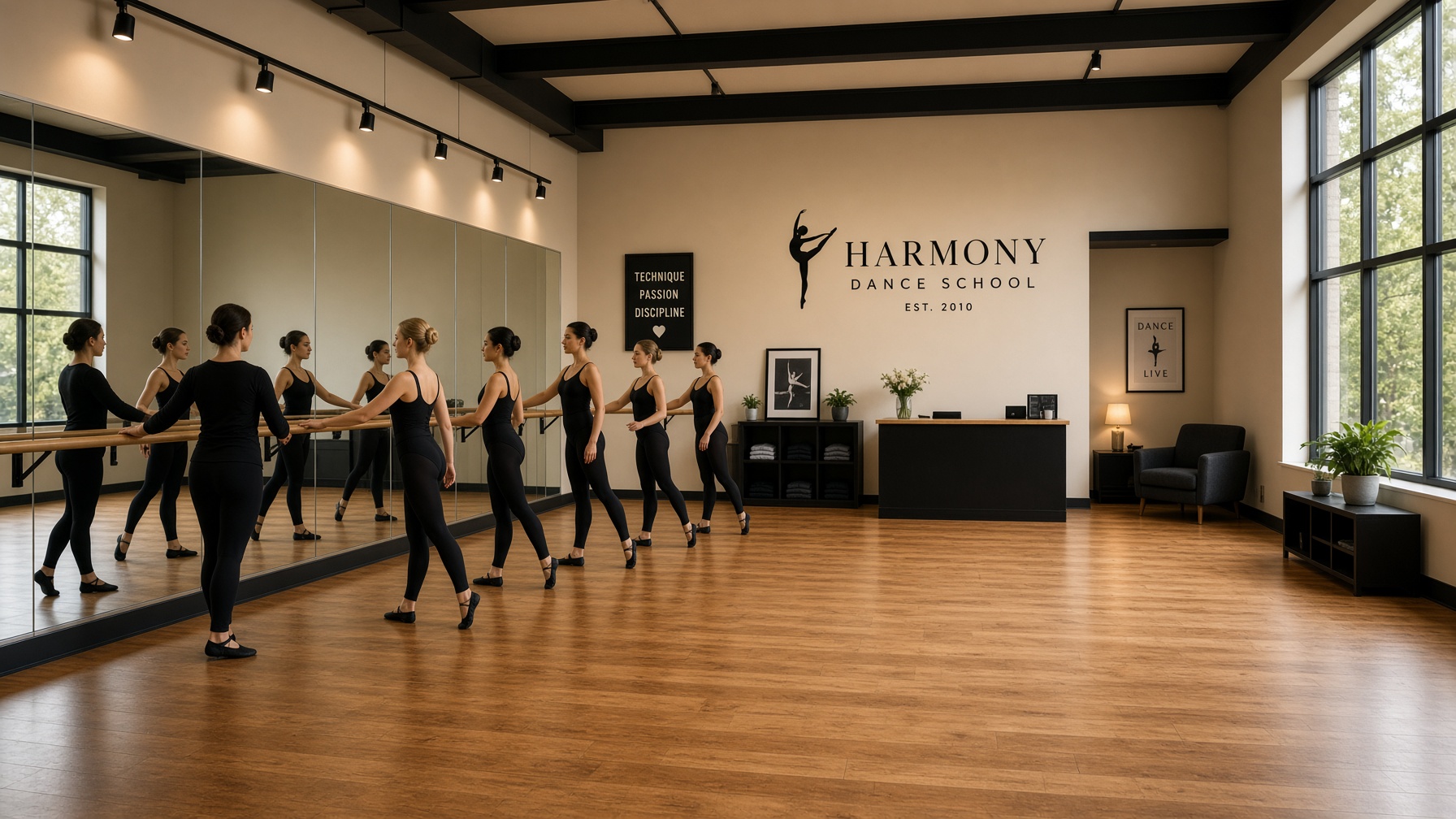 Dance studio with sprung floor, mirrors and a ballet barre