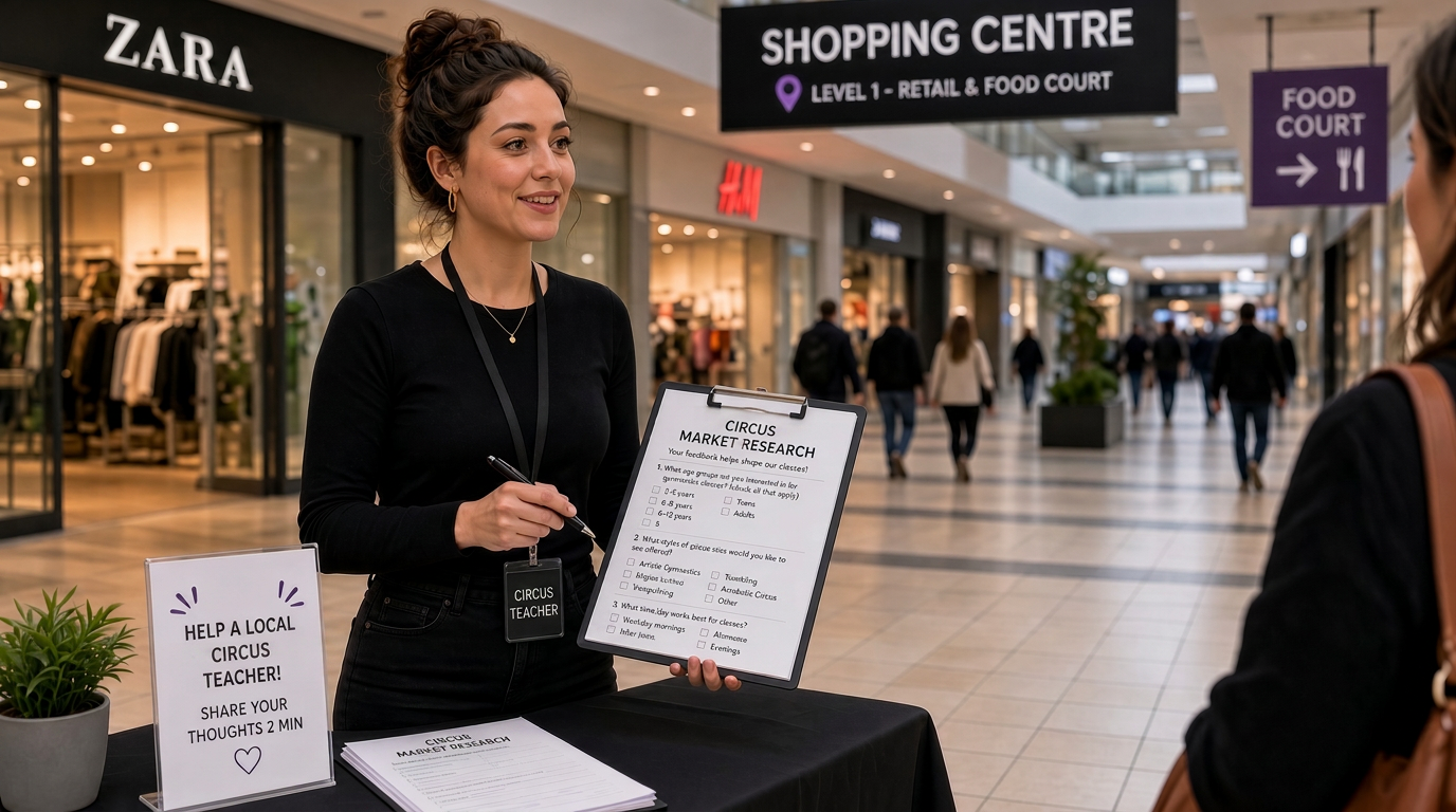 A teacher with a clipboard conducting market research with shoppers