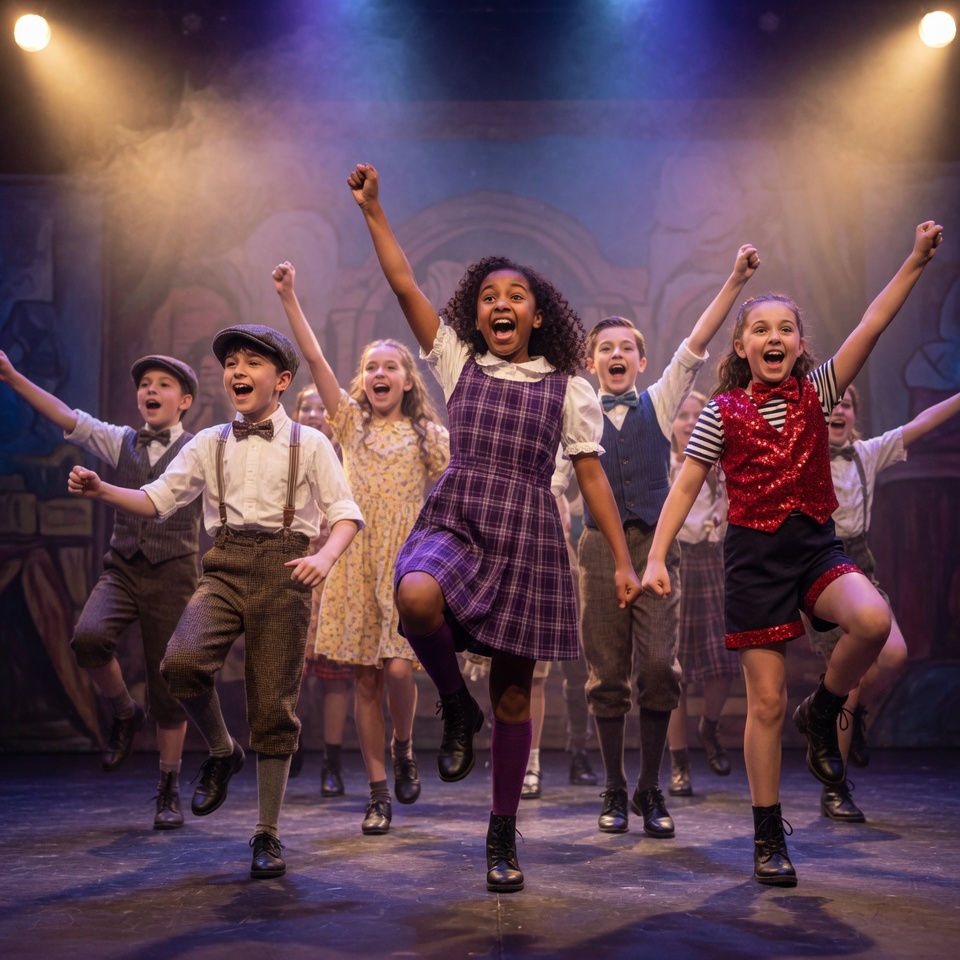 Young performers mid-routine on a lit stage