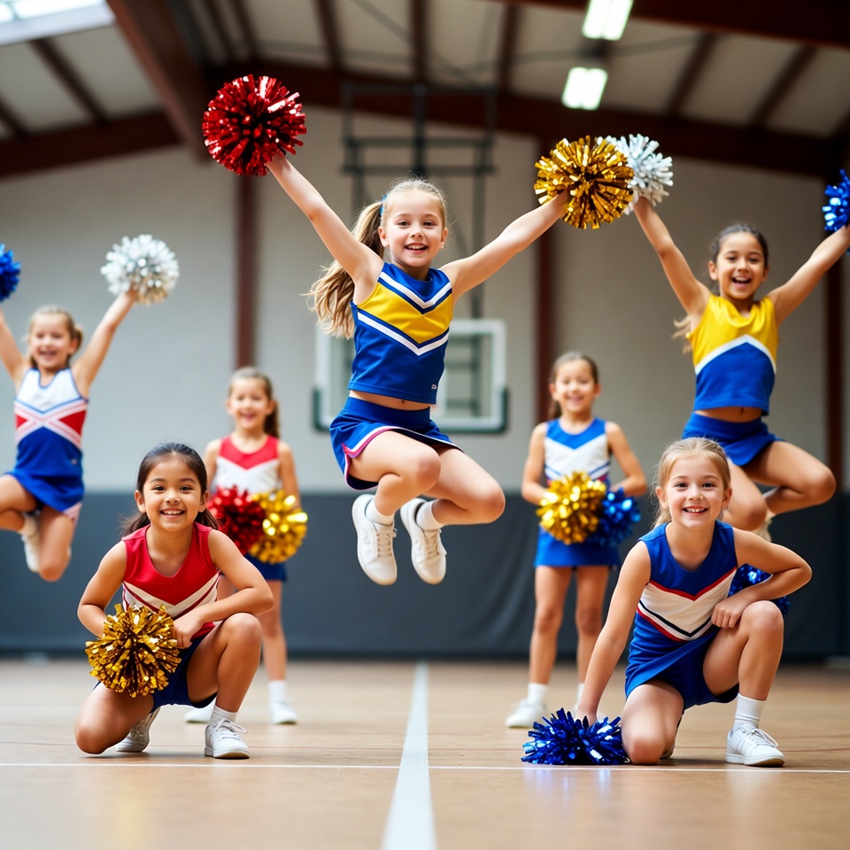 Cheerleading squad mid-routine with pom-poms raised in a bright gym.