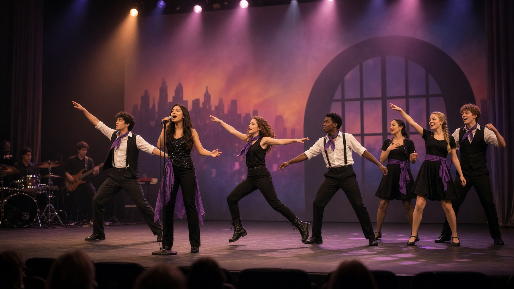 Teen cast rehearsing a musical theatre number