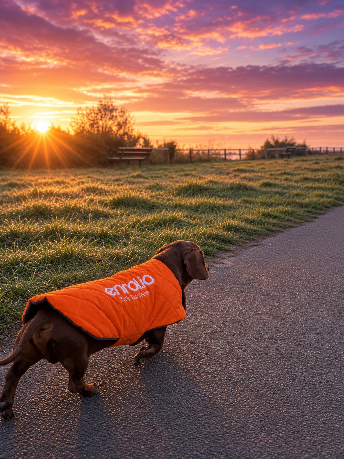 Leo walking at sunset in his orange Enrolio coat