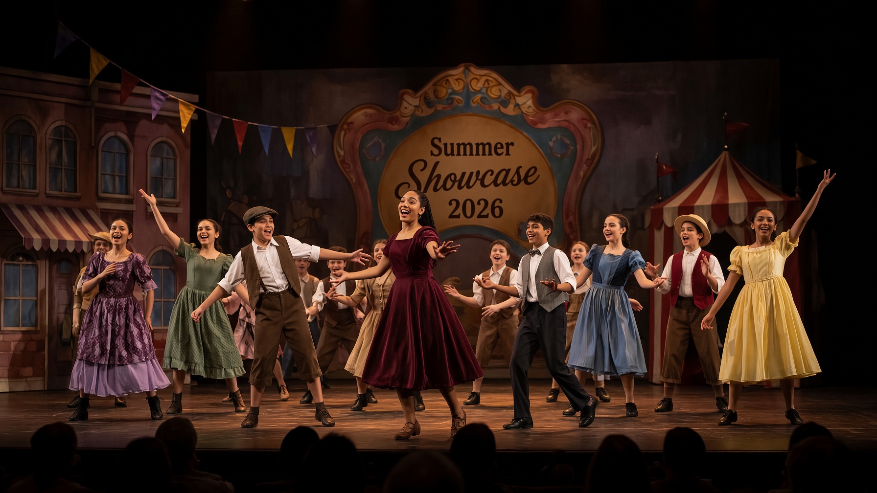 Full company on stage at a summer showcase