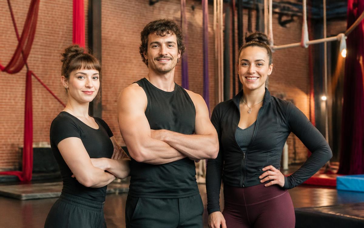 Three circus instructors standing together in a training hall