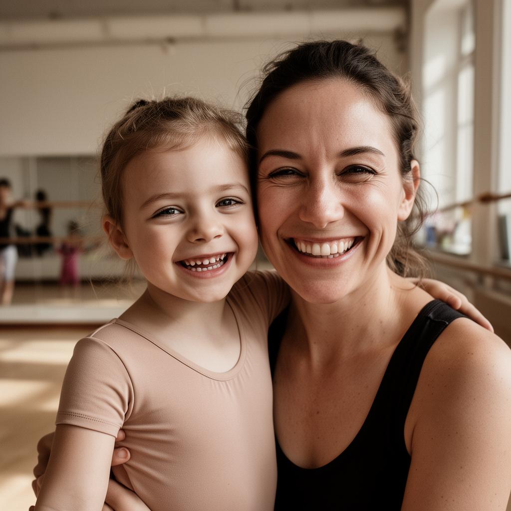 Parent and child smiling together after class