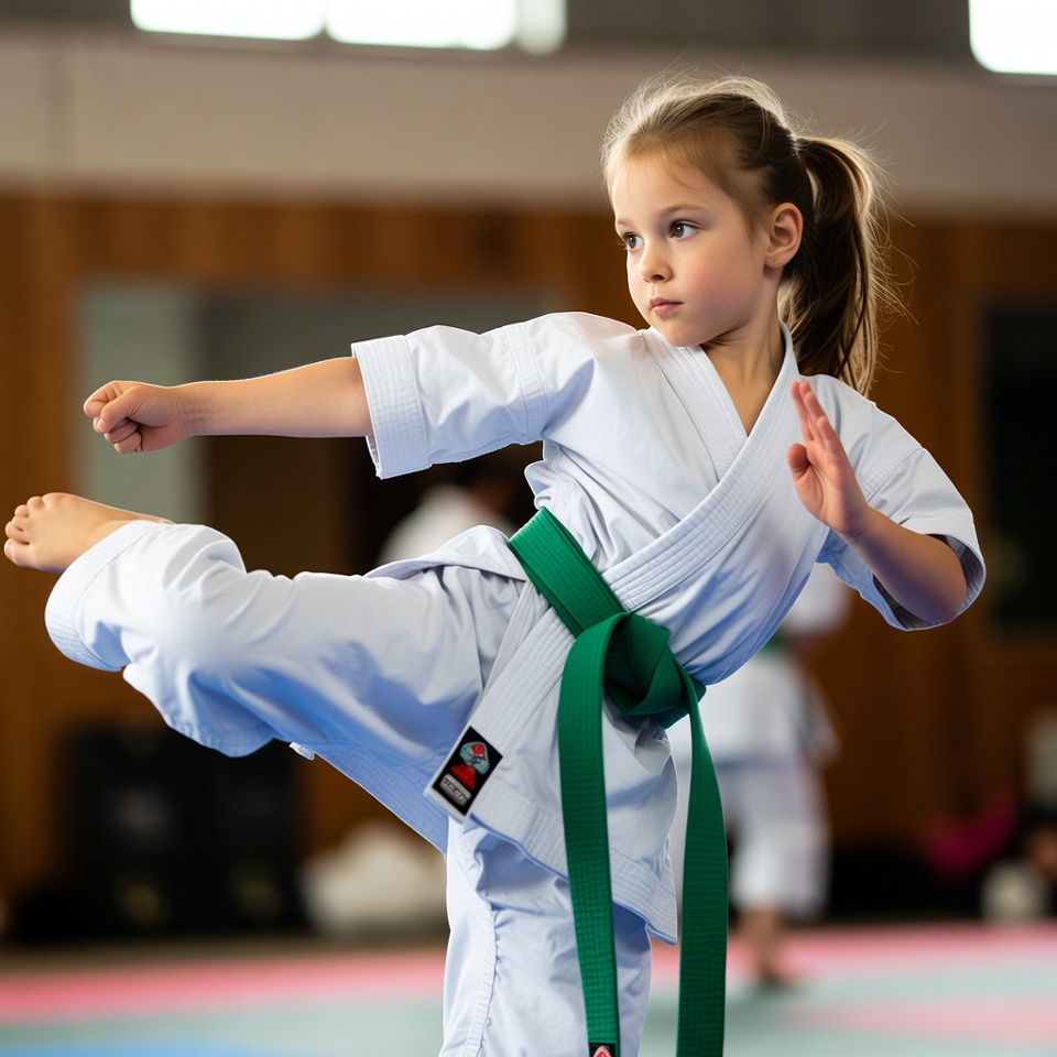Martial arts students in white gis practicing kata in a traditional dojo.